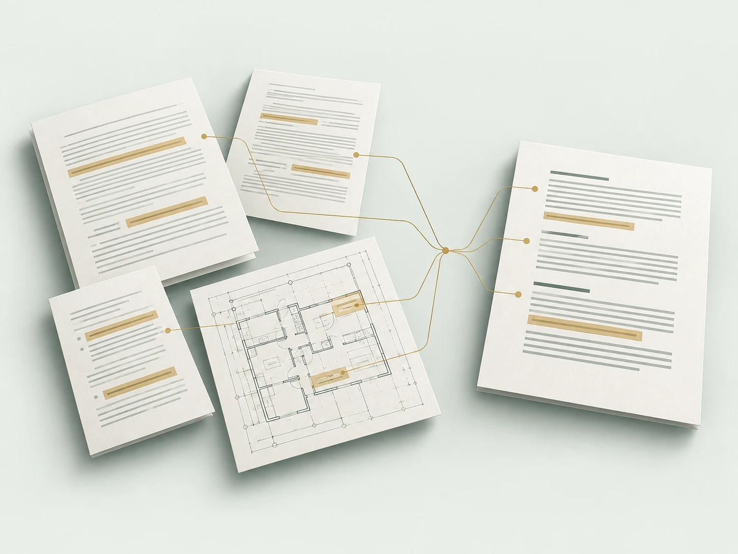 Connected construction contract pages and a drawing converge into an interpreted answer with links back to supporting material.